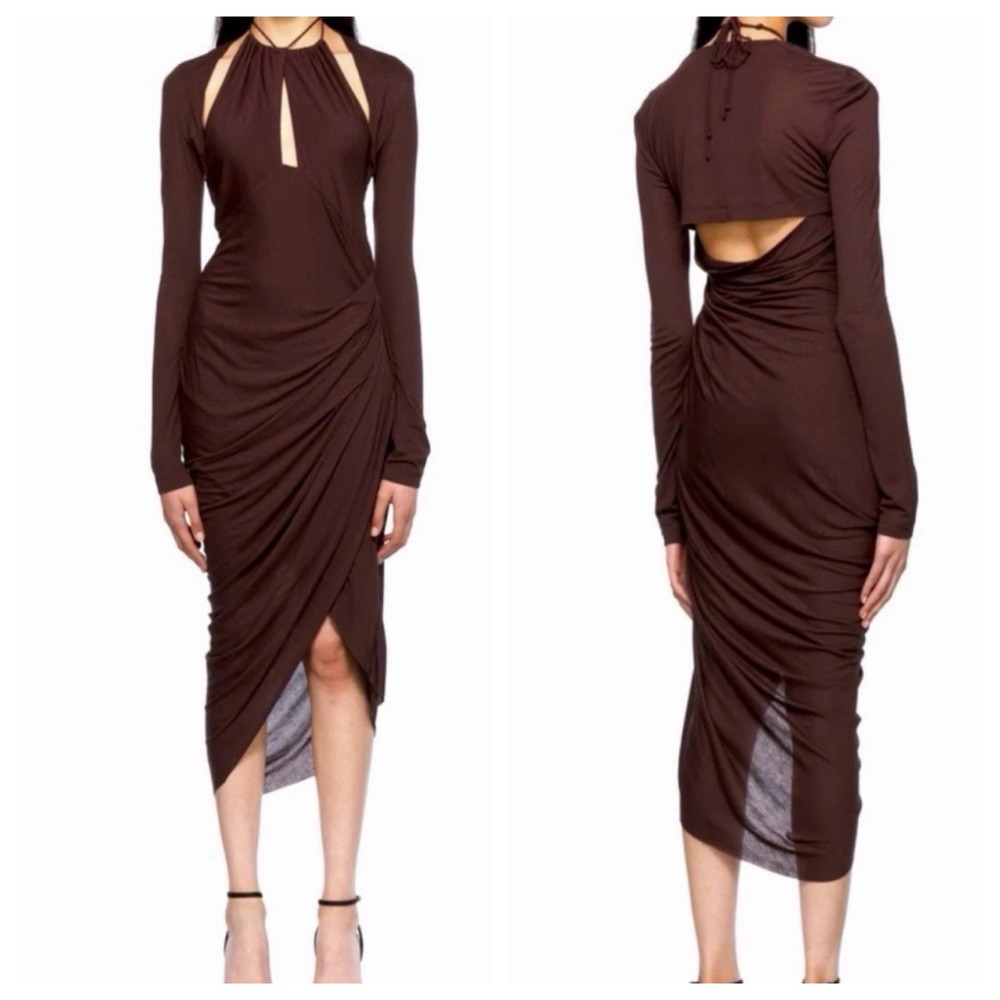 Helmut Lang Brown Draped Halter Midi Dress Long Sleeve Overlay Small Avant Garde